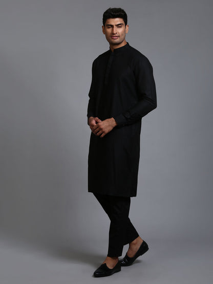 VASTRAMAY Men's Black Cotton Blend Kurta and Pant Set