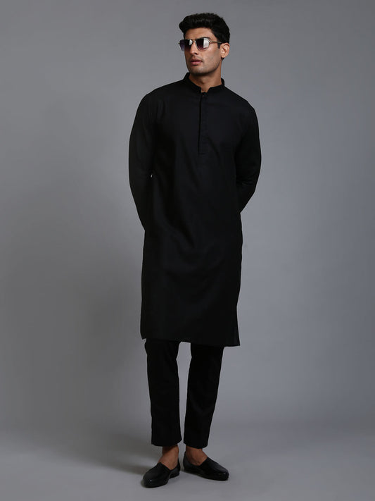 VASTRAMAY Men's Black Cotton Blend Kurta and Pant Set