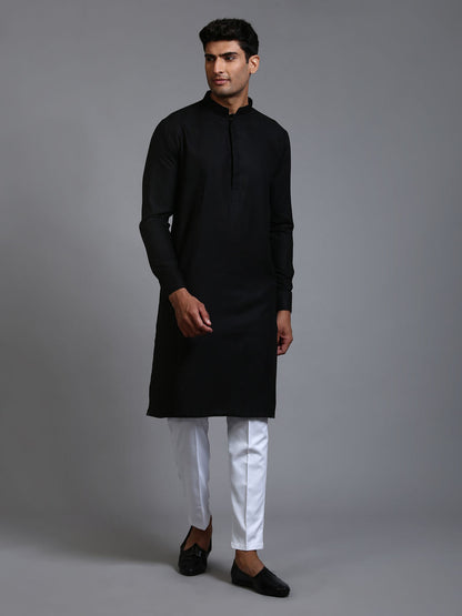 VASTRAMAY Men's Black Cotton Blend Kurta and White Pant Set