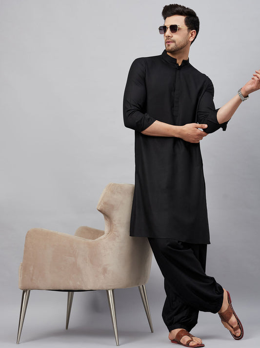 Vastramay mens black cotton blend kurta and patiala set