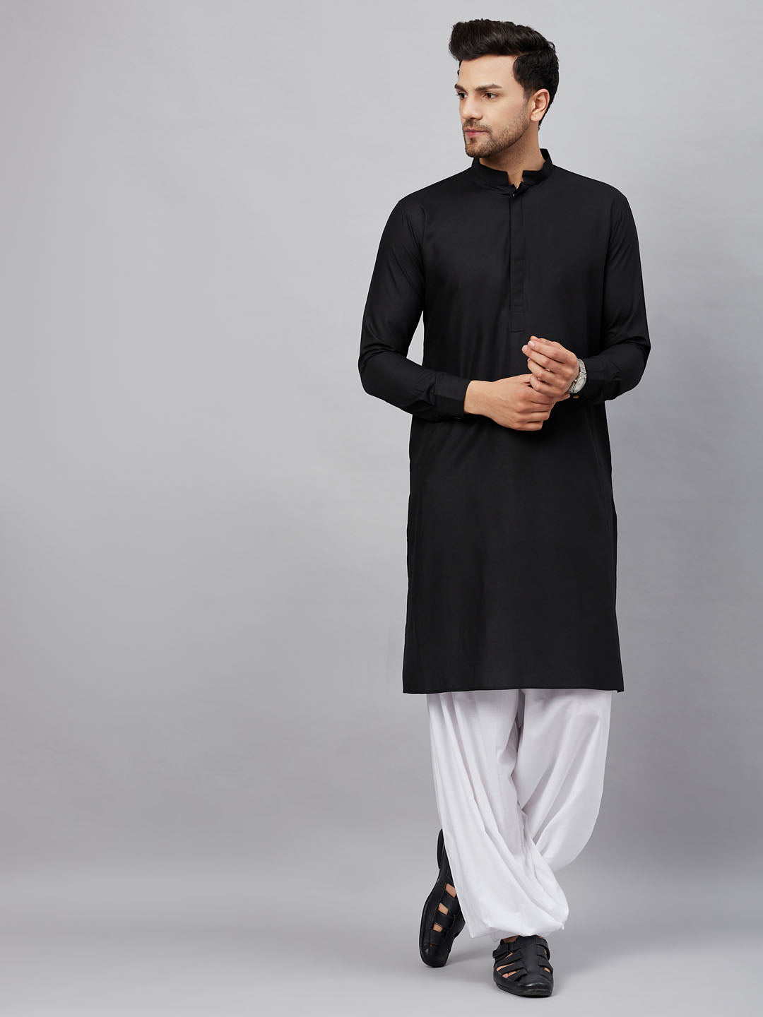 Vastramay mens black cotton blend kurta and white patiala set