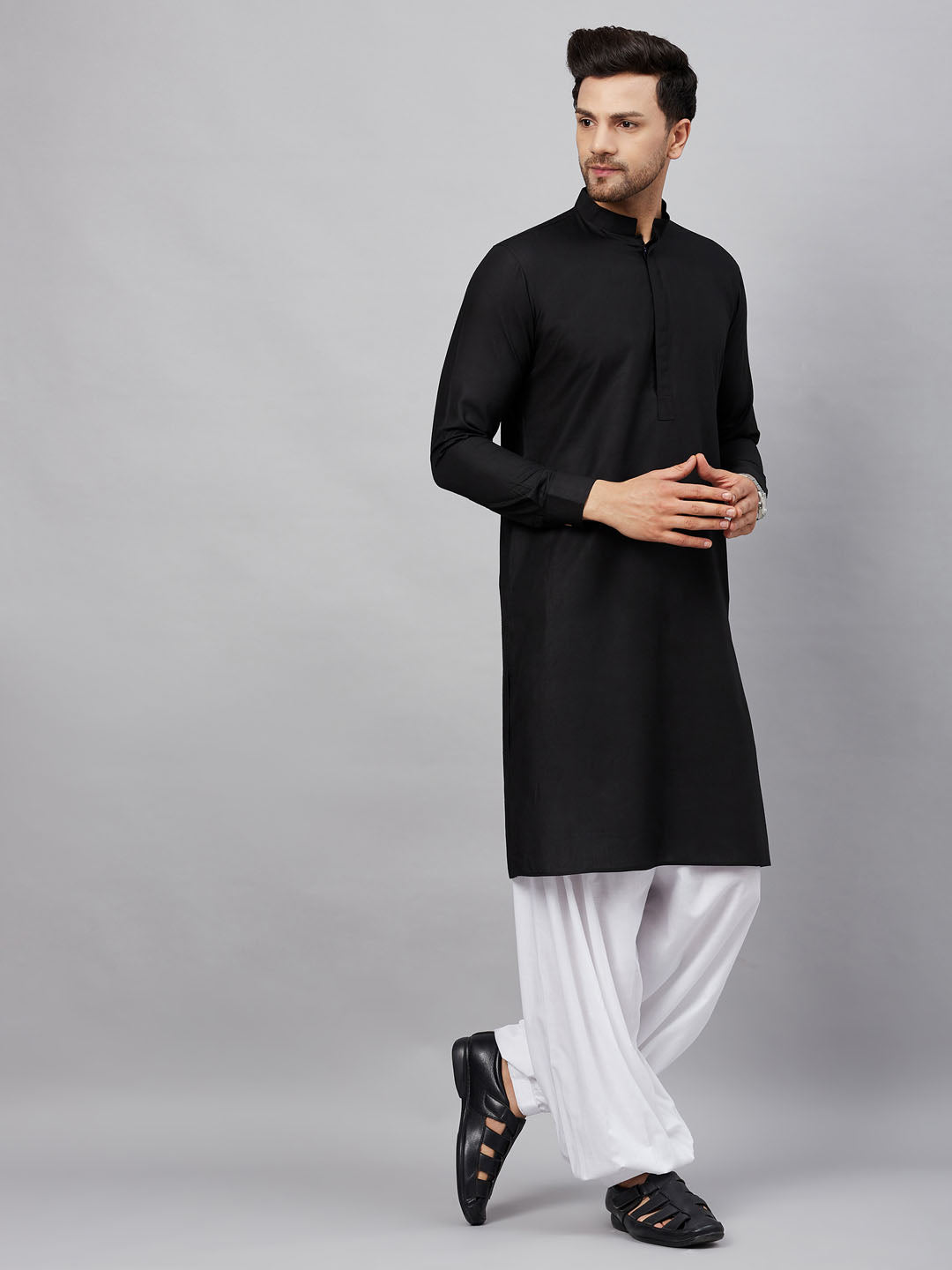 Vastramay mens black cotton blend kurta and white patiala set