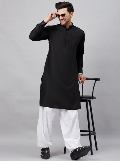 Vastramay mens black cotton blend kurta and white patiala set