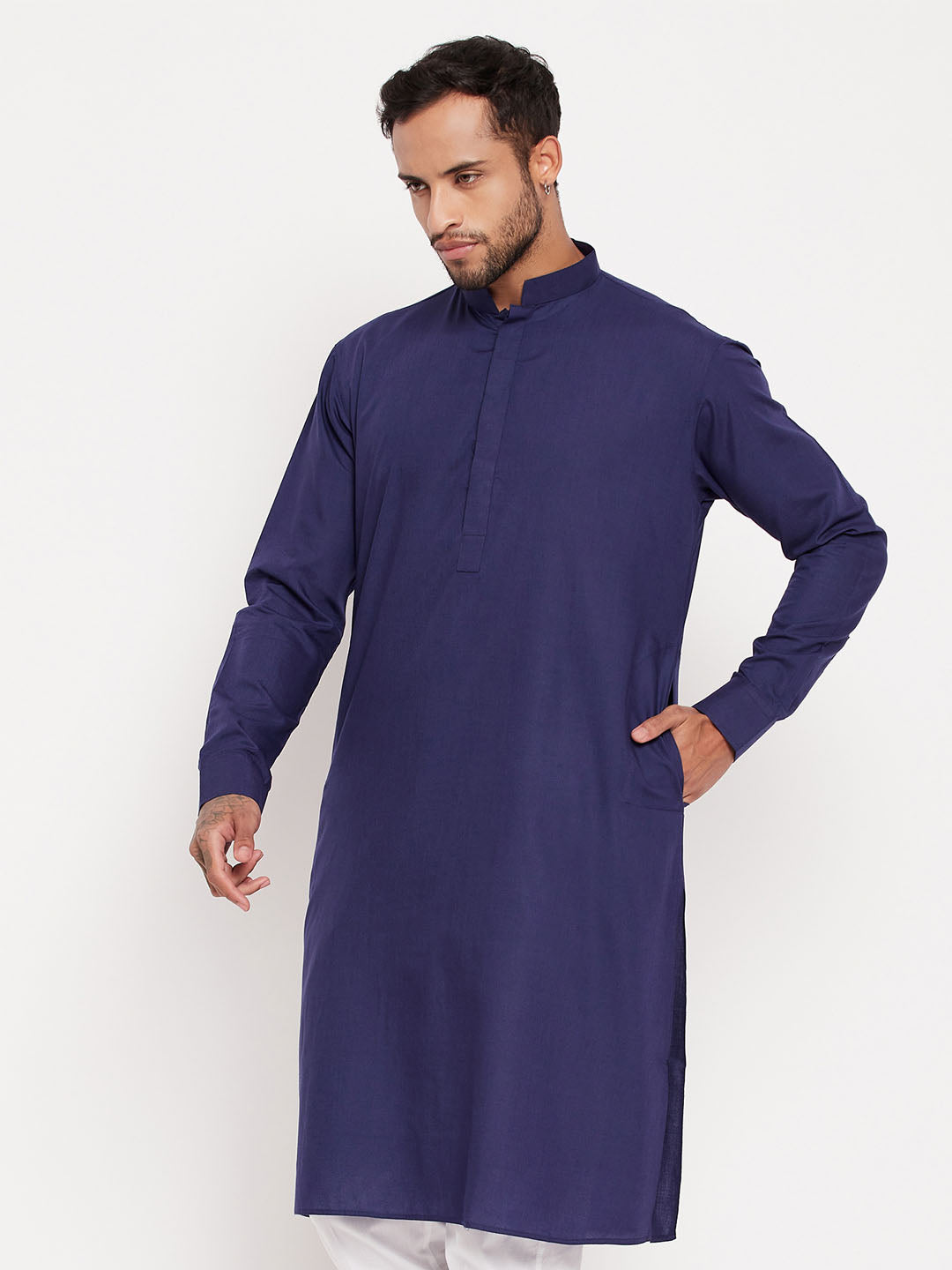 Vastramay  Men's Blue Cotton Blend Kurta