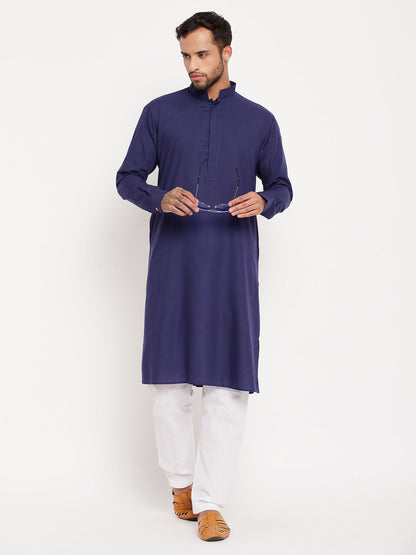 Vastramay  Men's Blue Cotton Blend Kurta