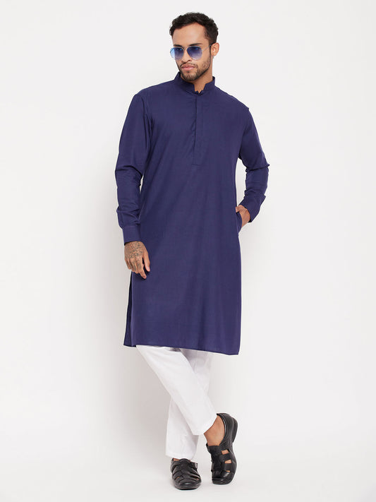 vastramay mens blue cotton blend kurta and white pnt style pyjama set