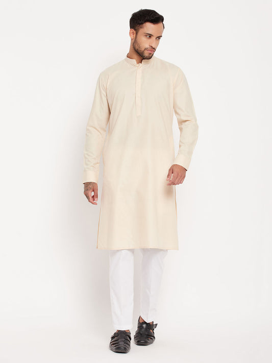 vastramay mens cream cotton blend kurta and white pnt style pyjama set
