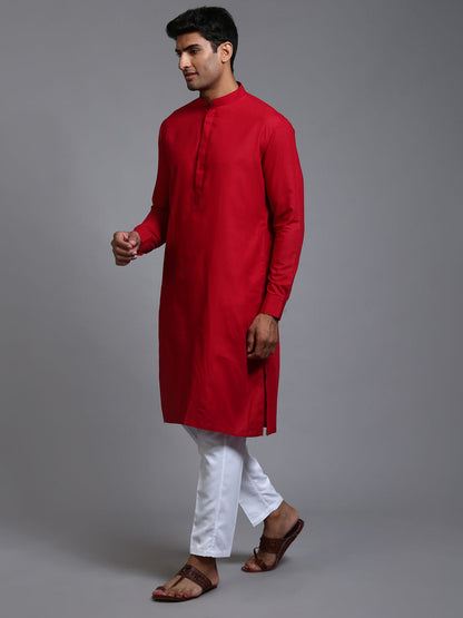 VASTRAMAY Men's Maroon Cotton Blend Kurta and White Pant Set