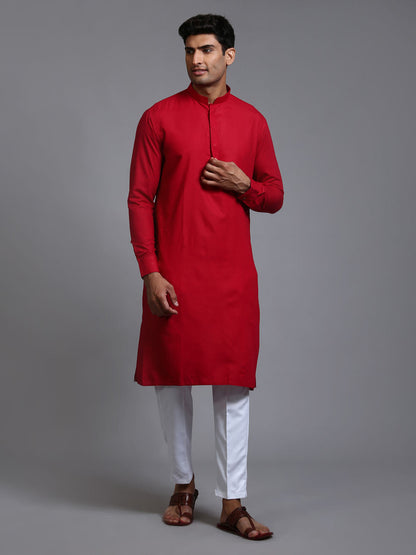 VASTRAMAY Men's Maroon Cotton Blend Kurta and White Pant Set