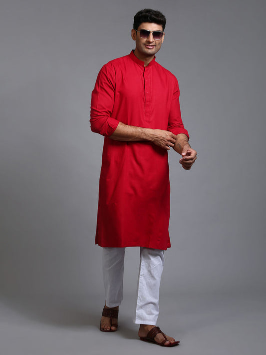 VASTRAMAY Men's Maroon Cotton Blend Kurta Pyjama Set