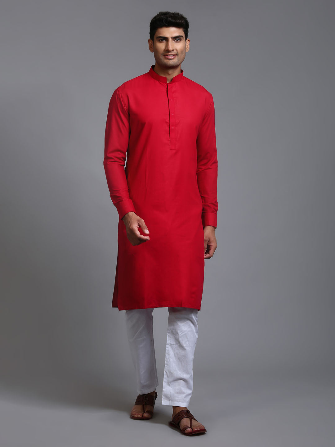 VASTRAMAY Men's Maroon Cotton Blend Kurta Pyjama Set