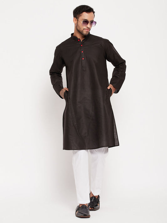 vastramay mens black kurta and white pant style pyjama set