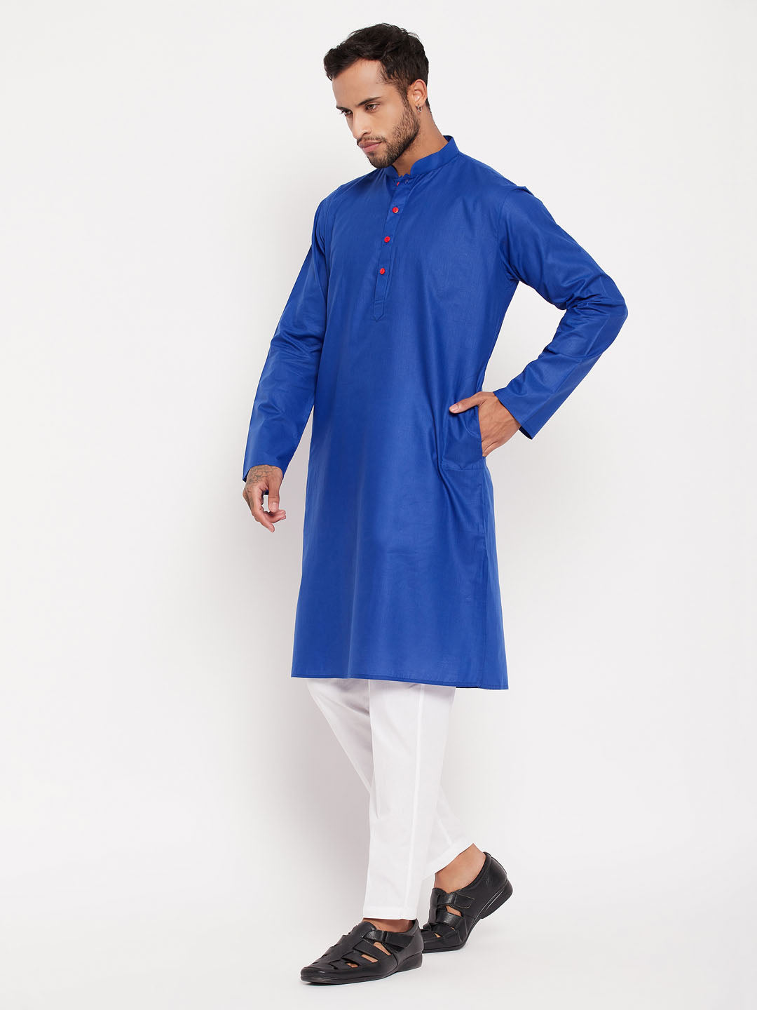 vastramay mens blue kurta and white pant style pyjama set