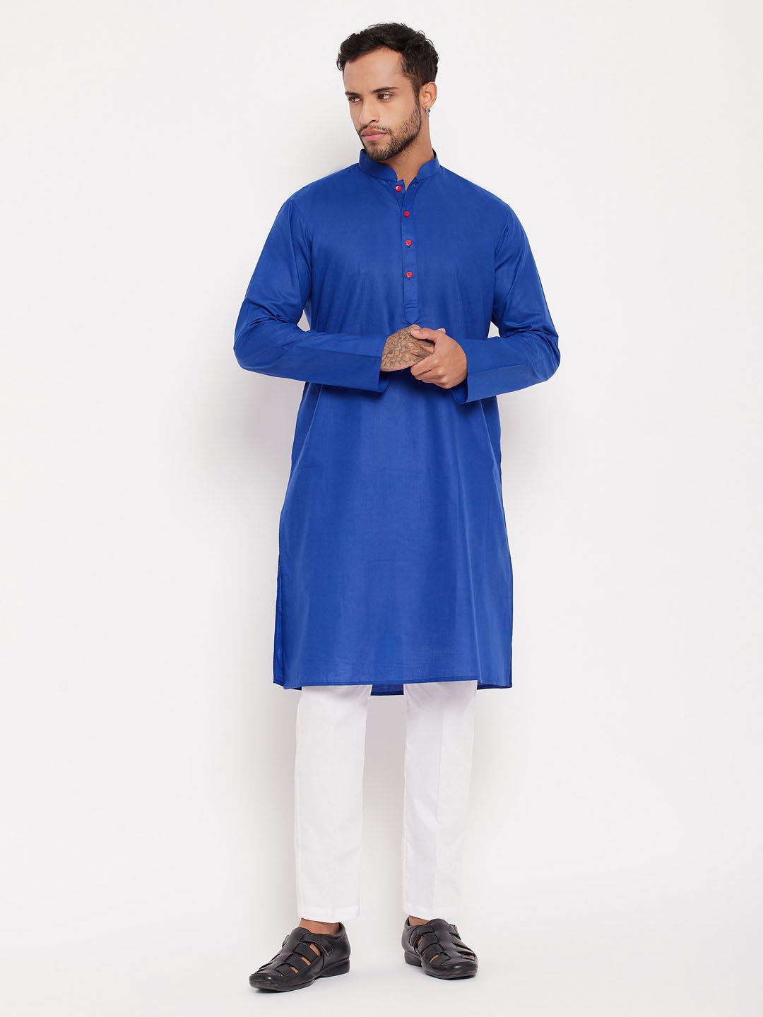 vastramay mens blue kurta and white pant style pyjama set