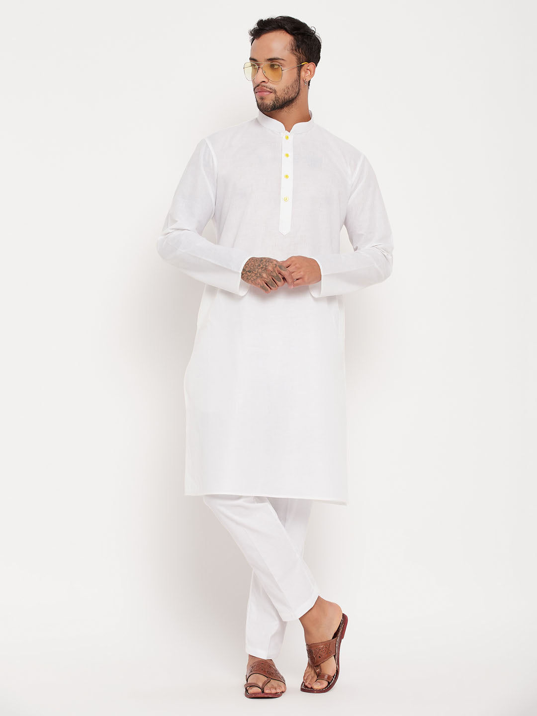 vastramay mens cream kurta and white pant style pyjama set