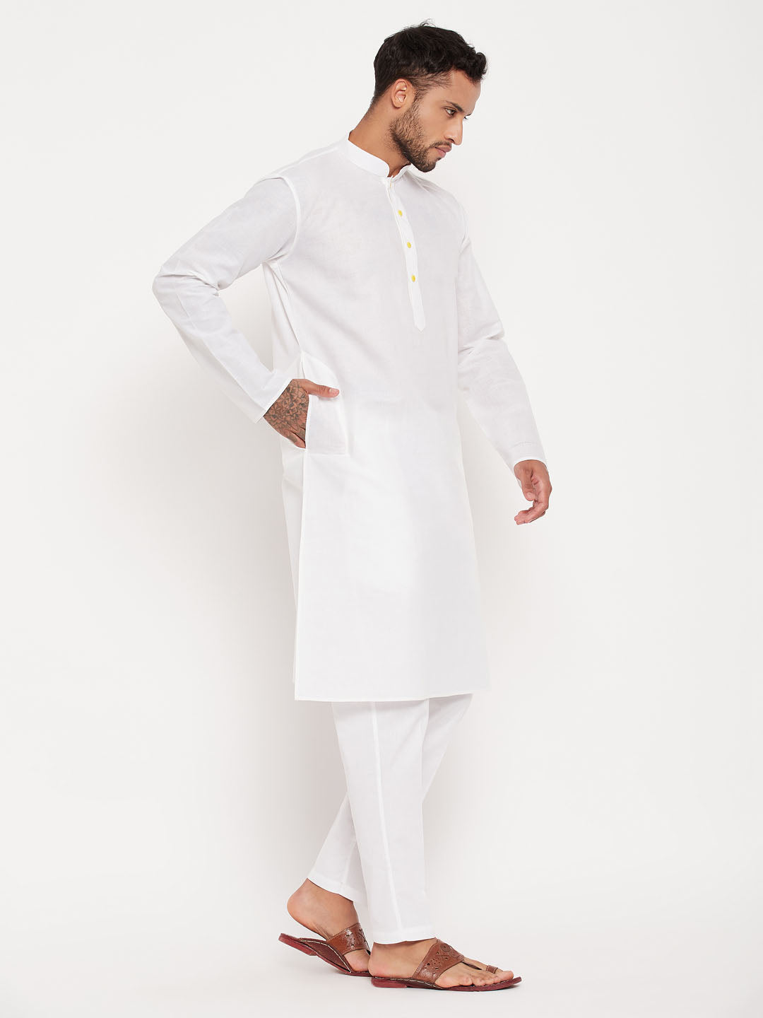 vastramay mens cream kurta and white pant style pyjama set