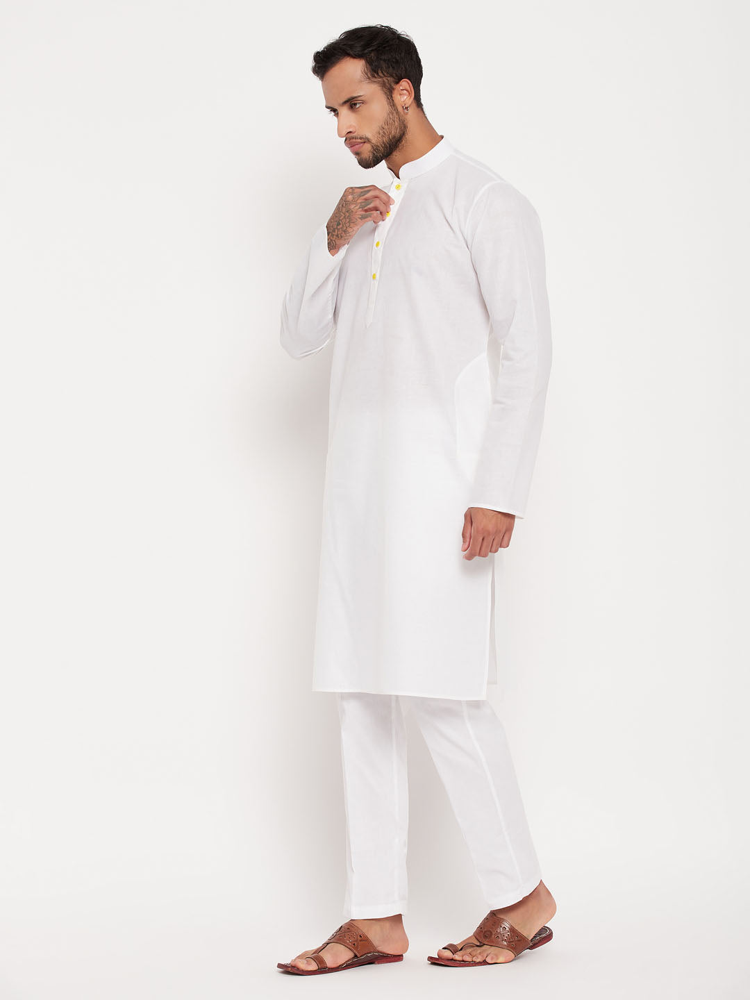 vastramay mens cream kurta and white pant style pyjama set
