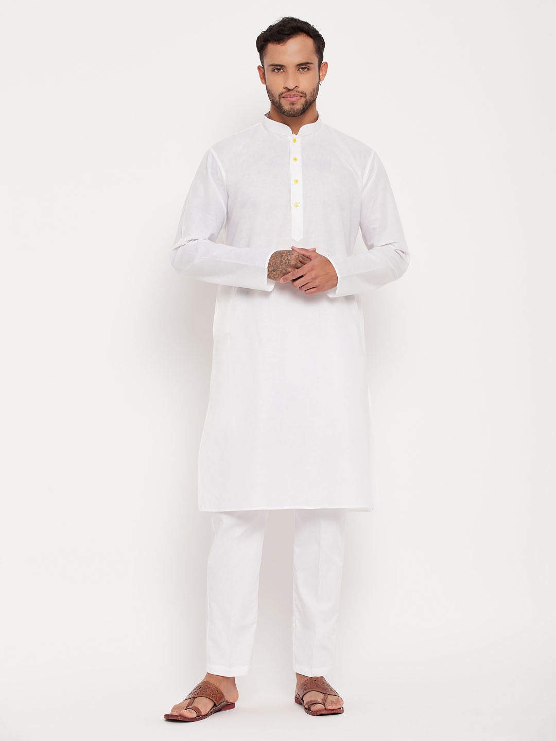 vastramay mens cream kurta and white pant style pyjama set