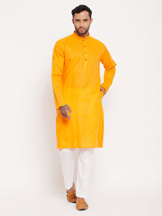 vastramay mens orange kurta and white pant style pyjama set