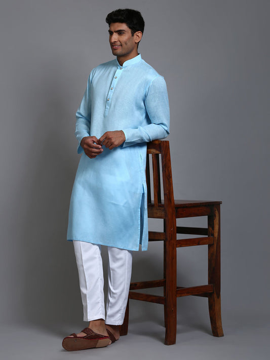 VASTRAMAY Men's Aqua Blue Cotton Kurta with Pant Set