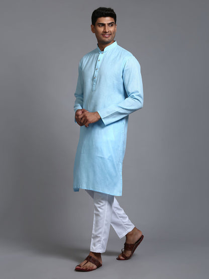 VASTRAMAY Men's Aqua Blue Cotton Kurta with Pant Set