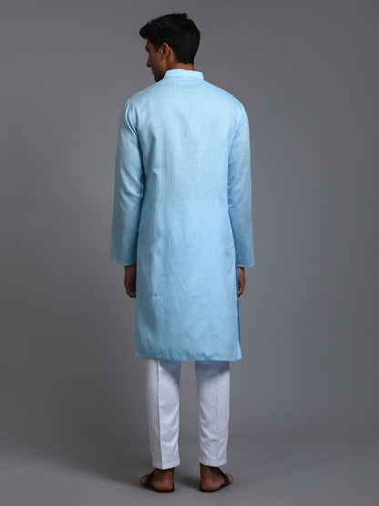 VASTRAMAY Men's Aqua Blue Cotton Kurta with Pant Set