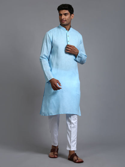 VASTRAMAY Men's Aqua Blue Cotton Kurta with Pant Set