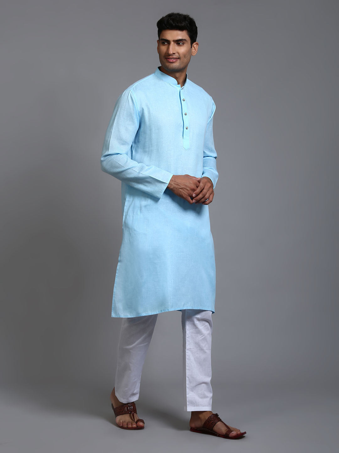 VASTRAMAY Men's Aqua Blue Cotton Kurta Pyjama Set