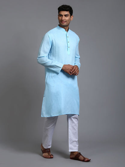 VASTRAMAY Men's Aqua Blue Cotton Kurta Pyjama Set