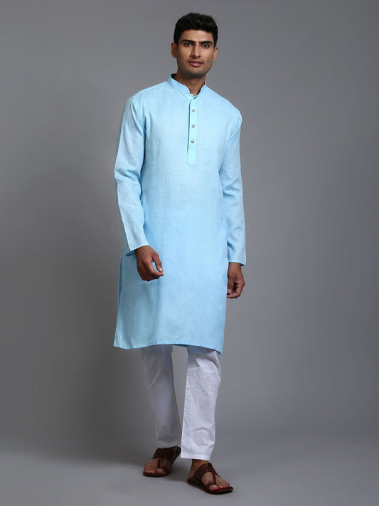 VASTRAMAY Men's Aqua Blue Cotton Kurta Pyjama Set