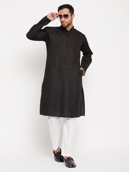 vastramay mens black kurta and white pant style pyjama set 1