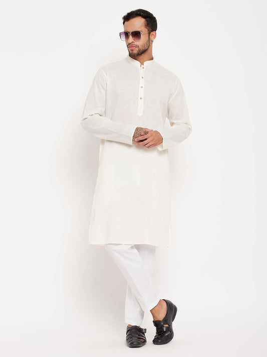 vastramay mens cream kurta and white pant style pyjama set 1