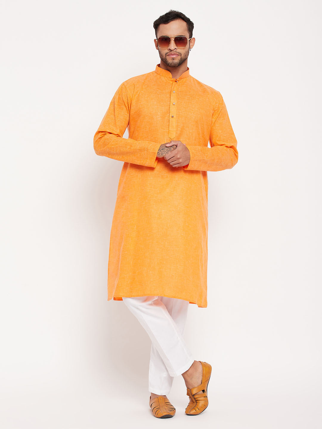 vastramay mens orange kurta and white pant style pyjama set 1