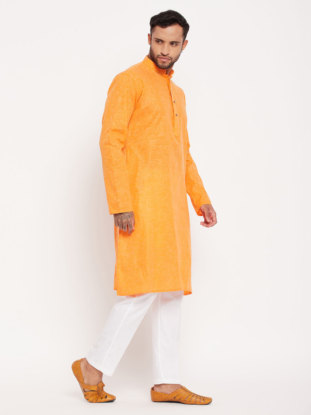 vastramay mens orange kurta and white pant style pyjama set 1