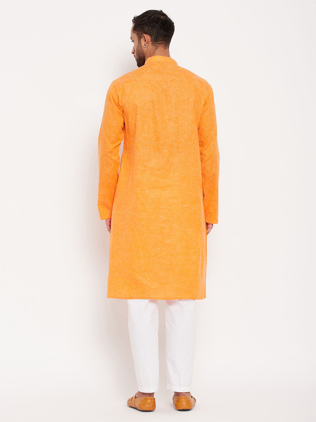 vastramay mens orange kurta and white pant style pyjama set 1