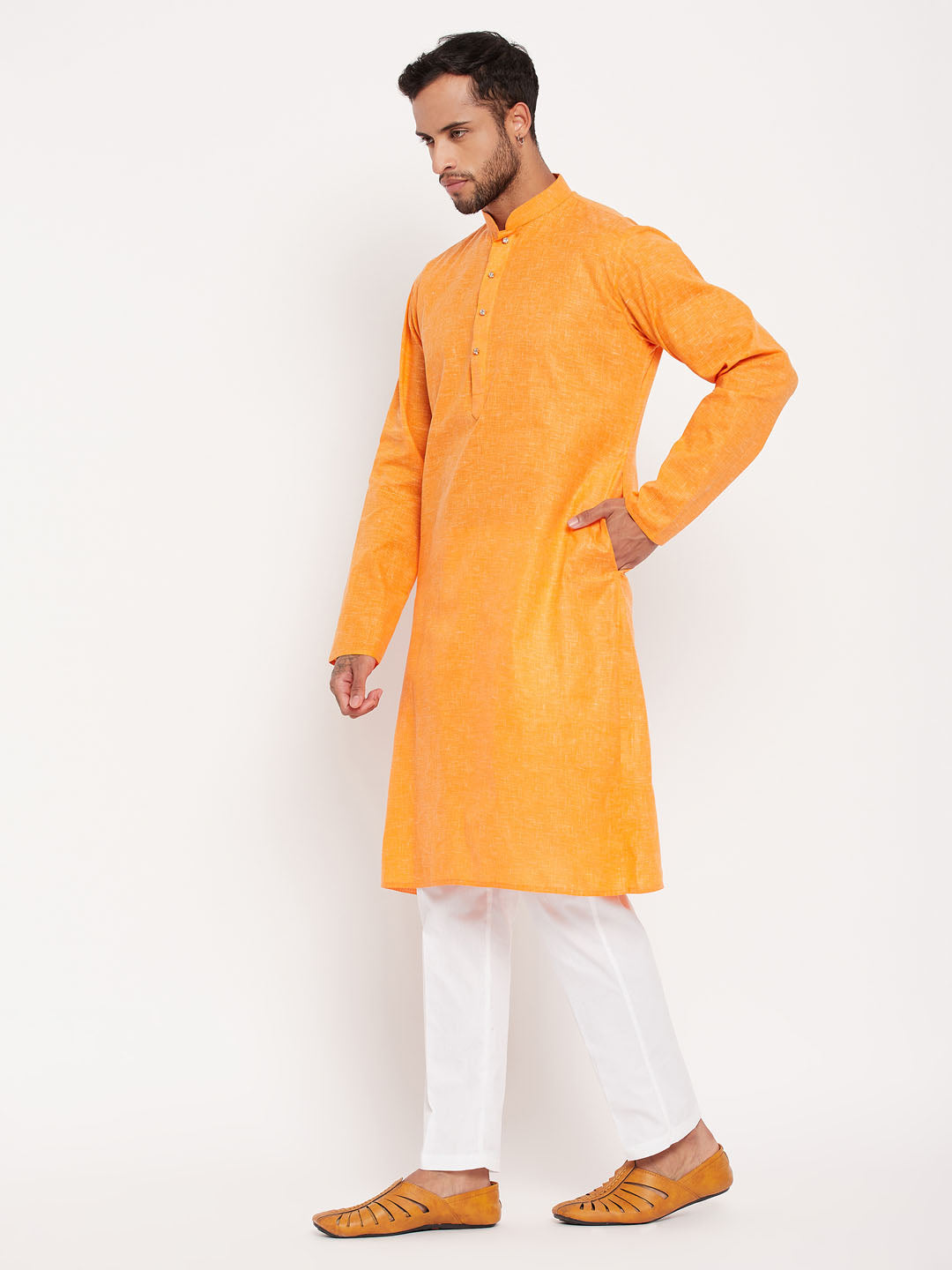 vastramay mens orange kurta and white pant style pyjama set 1