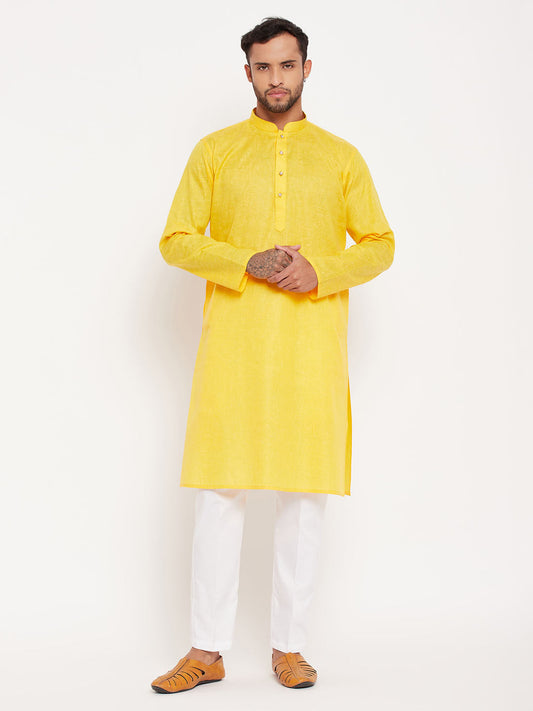 vastramay mens yellow kurta and white pant style pyjama set