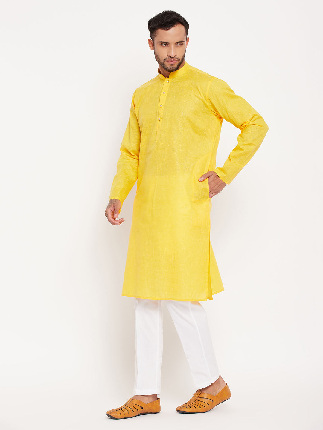 vastramay mens yellow kurta and white pant style pyjama set