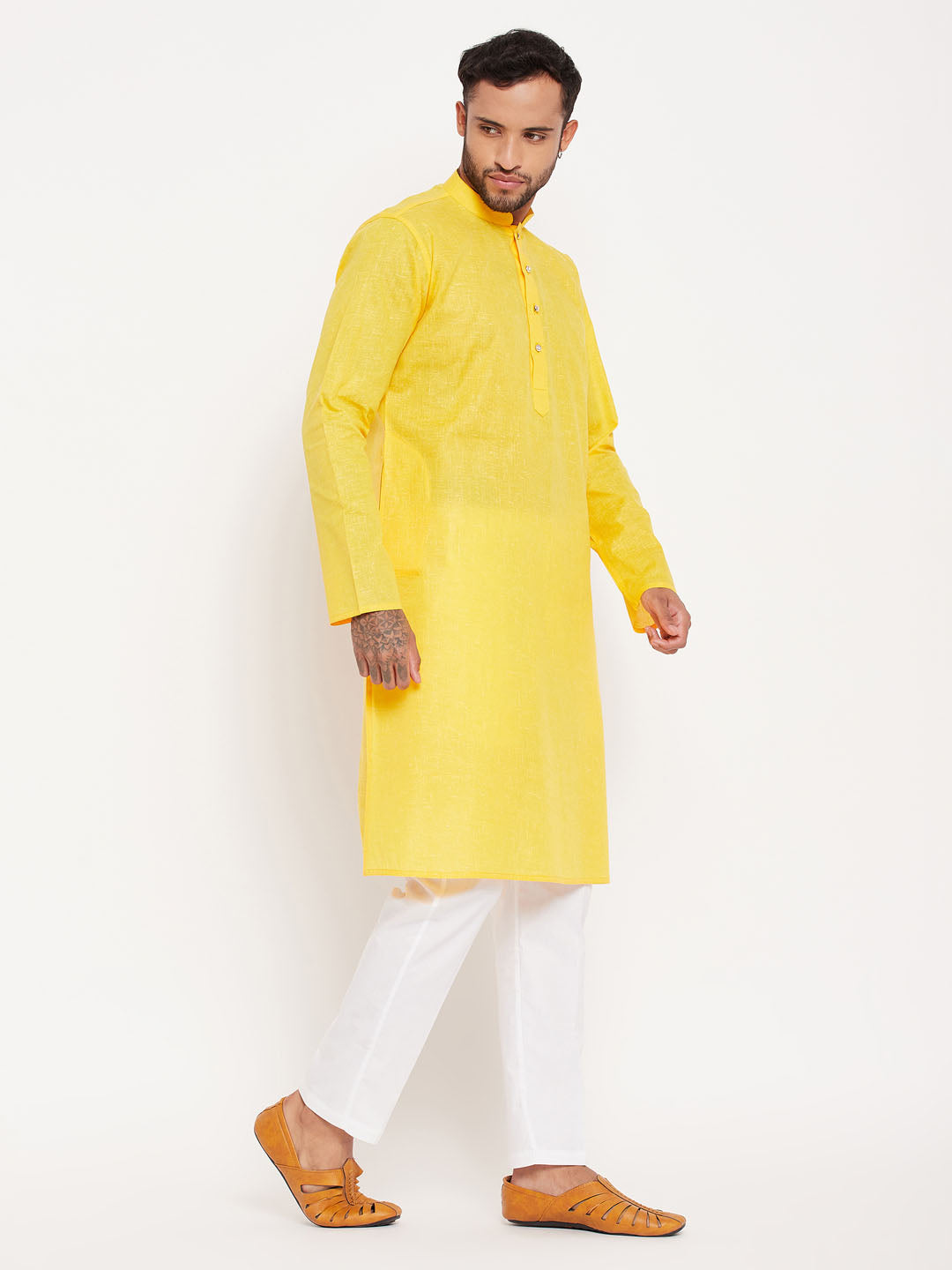 vastramay mens yellow kurta and white pant style pyjama set