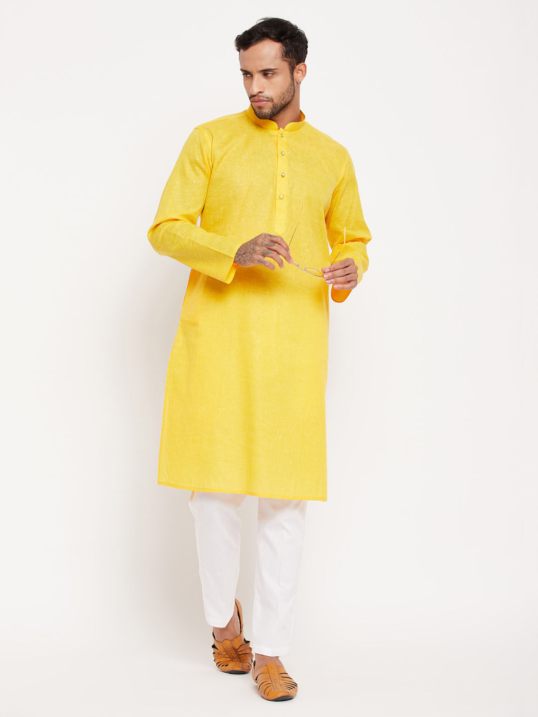 vastramay mens yellow kurta and white pant style pyjama set