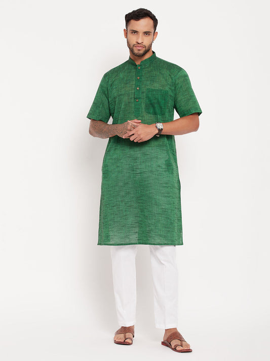 vastramay mens solid green pure cotton kurta with white pant style pyjama set