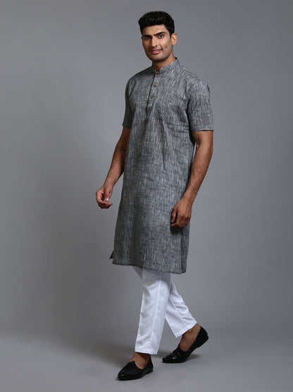 VASTRAMAY Men's Solid Grey Pure Cotton Kurta Pant Set