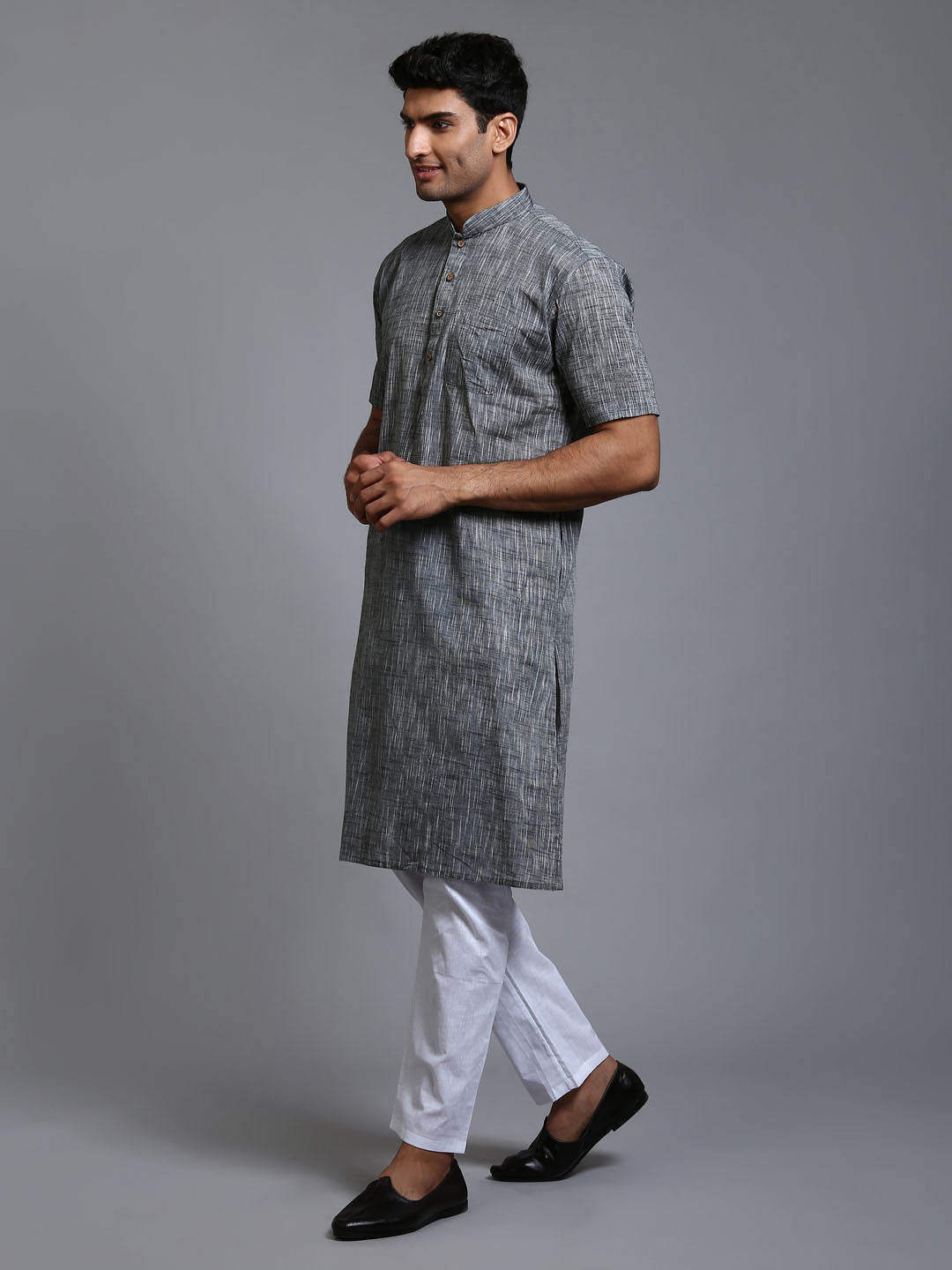 VASTRAMAY Men's Solid Grey Pure Cotton Kurta Pyjama Set