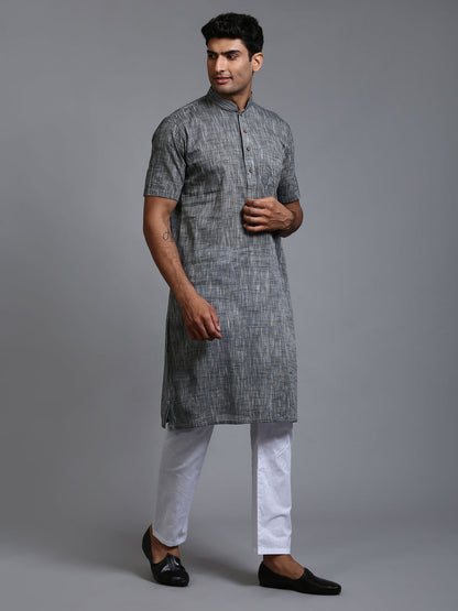 VASTRAMAY Men's Solid Grey Pure Cotton Kurta Pyjama Set