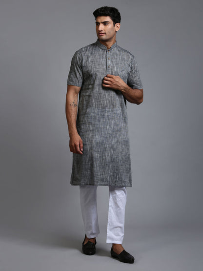 VASTRAMAY Men's Solid Grey Pure Cotton Kurta Pyjama Set