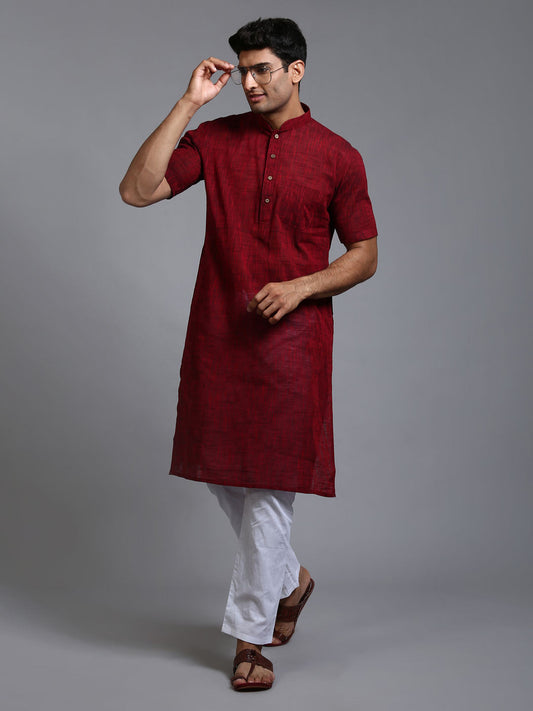 VM Men's Maroon And White Cotton Kurta Pyjama Set