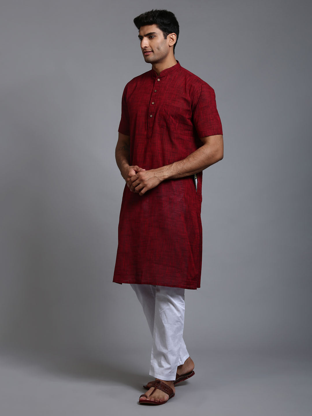 VM Men's Maroon And White Cotton Kurta Pyjama Set