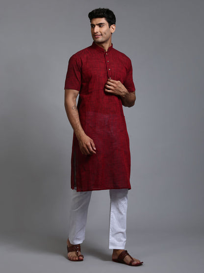 VM Men's Maroon And White Cotton Kurta Pyjama Set