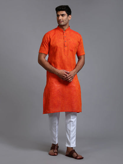 VASTRAMAY Men's Solid Orange Pure Cotton Kurta Pant Set