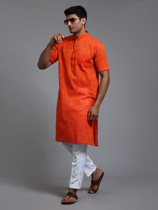 VASTRAMAY Men's Solid Orange Pure Cotton Kurta Pant Set